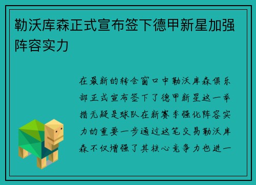 勒沃库森正式宣布签下德甲新星加强阵容实力