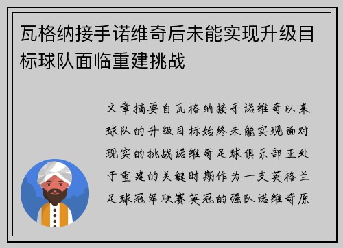 瓦格纳接手诺维奇后未能实现升级目标球队面临重建挑战